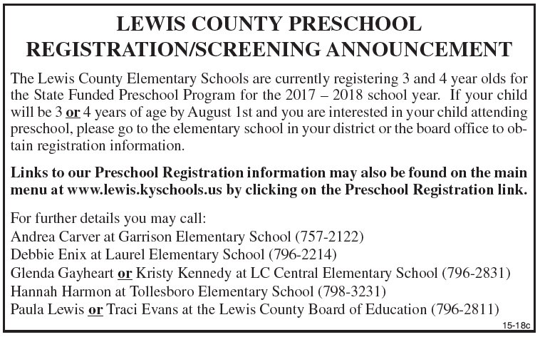 Lewis County Preschool Registration/ Screening Announcement