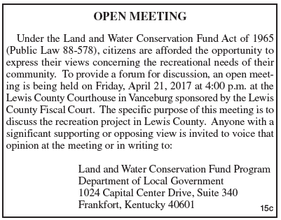 Open Meeting Notice, Discuss recreation project in Lewis County
