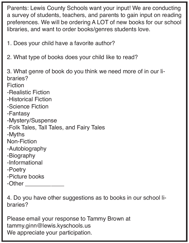 Lewis County Schools, Reading Survey