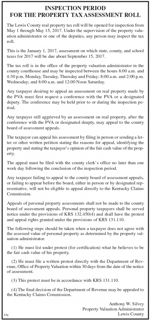 Inspection Period for the Property Tax Assessment Roll