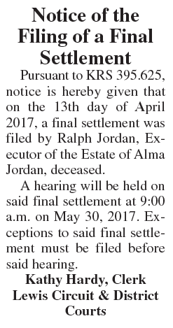 Notice of the Filing of a Final Settlement, Estate of Alma Jordan