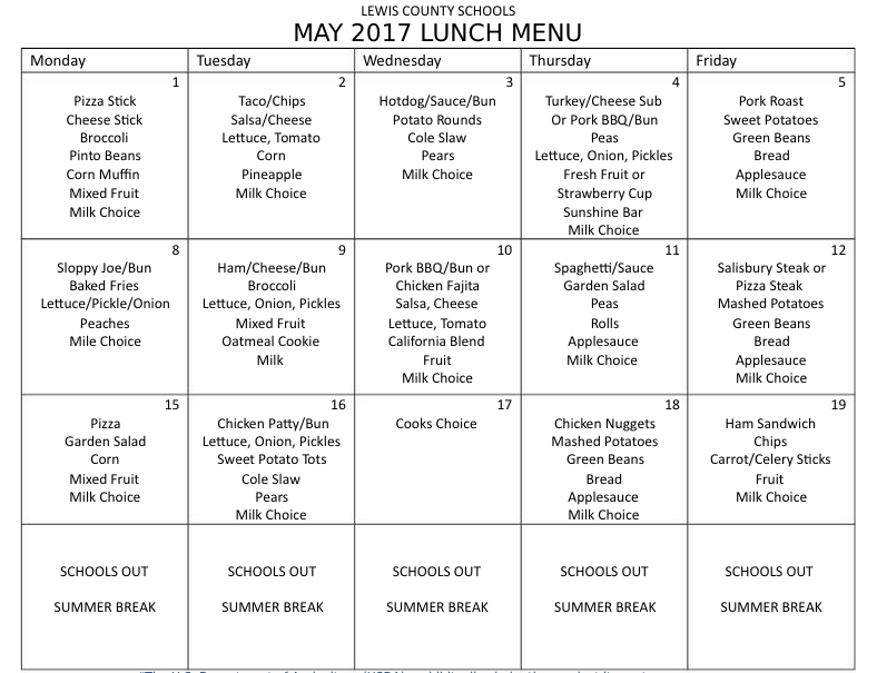 Lewis County Schools, May 2017 Lunch Menu