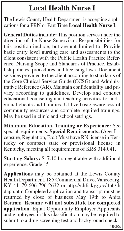 Lewis County Health Department, Accepting Applications for Local Health Nurse I