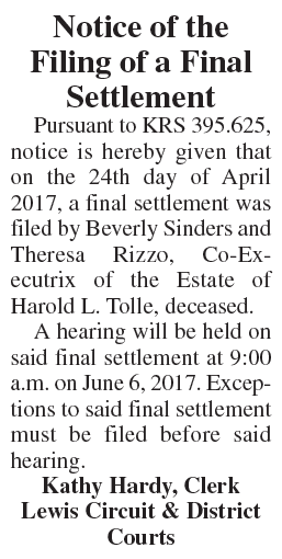 Notice of Filing of a Final Settlement, Estate of Harold L. Tolle