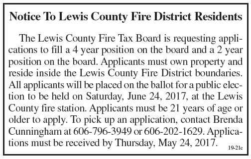 Notice to Lewis County Fire District Residents, Applications sought to fill board position