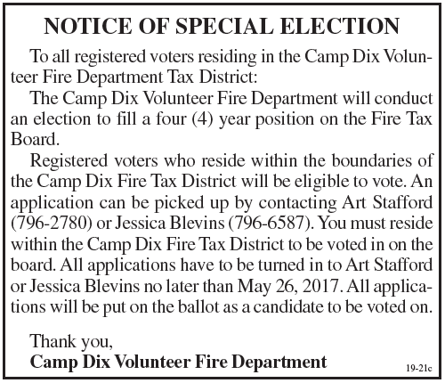 Notice of Special Election, Cam Dix Volunteer Fire Department Tax District