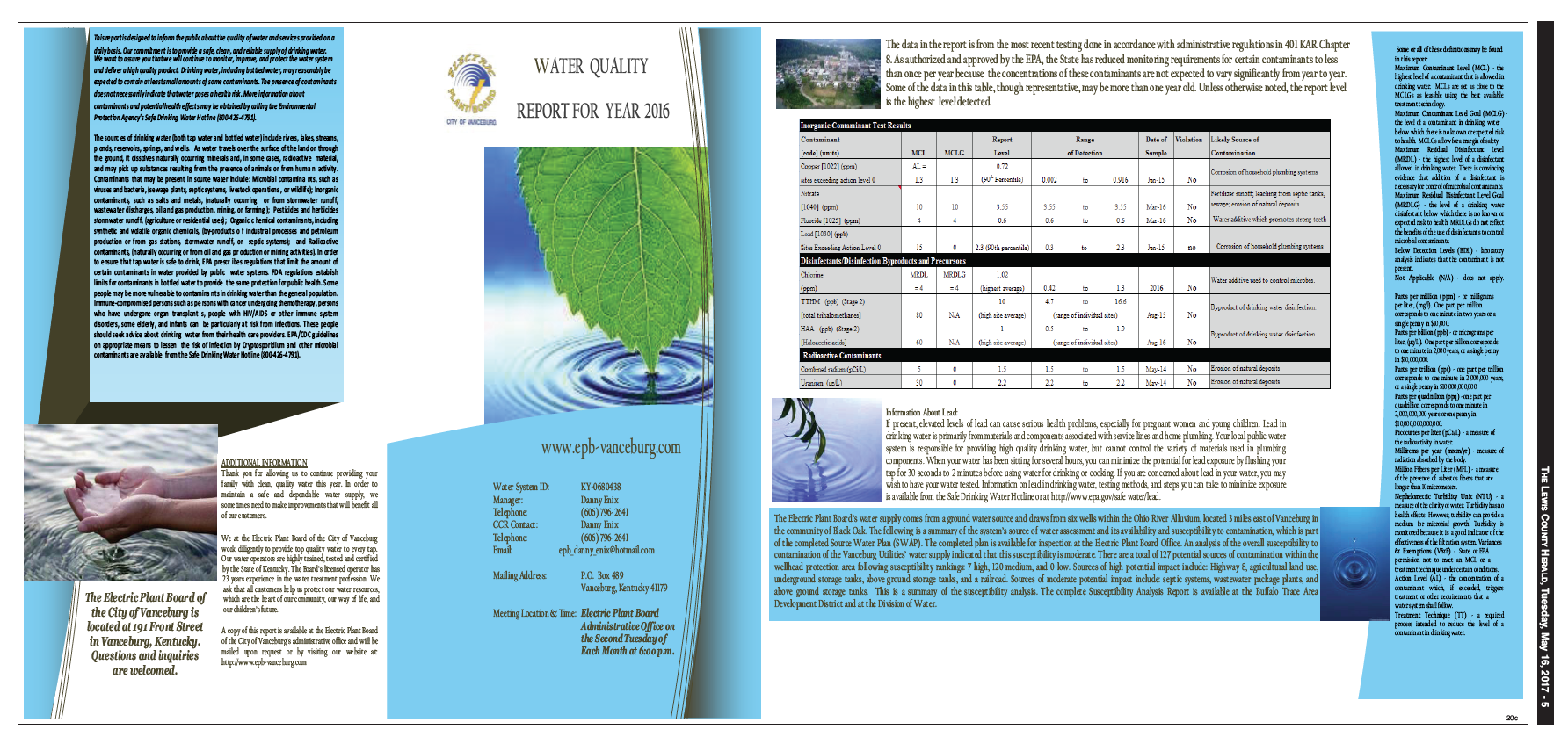 Electric Plant Board of the City of Vanceburg, 2016 Water Quality Report