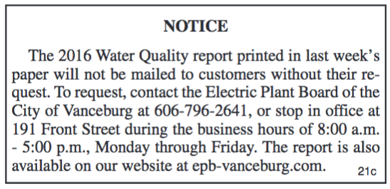 Notice, 2016 Water Quality Report, Electric Plant Board of the City of Vanceburg