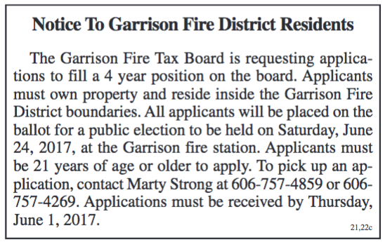 Notice, Garrison Fire District Residents, Position Available on Tax Board