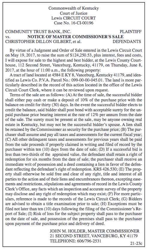 Notice of Master Commissioner's Sale, Community Trust Bank Inc vs Christopher Dillon Gilbert et al