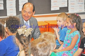 Rocky Adkins visits with students at Lewis County Central Elementary. - Dennis Brown Photo