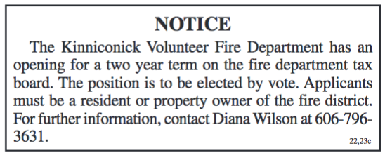 Notice, Position opening on Kinniconick Fire Tax Board