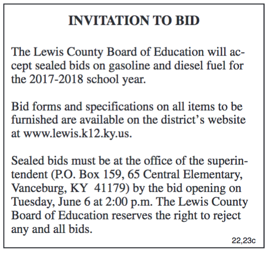 Invitation to Bid, Lewis County Board of Education, Gasoline and Diesel Fuel