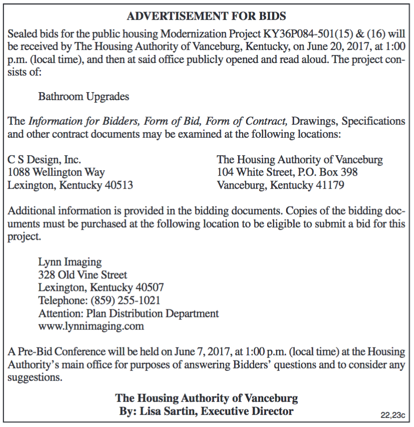 Advertisement for Bids, Housing Authority of Vanceburg, Modernization Project