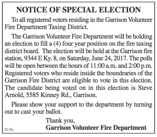 Notice of Special Election, To Fill Position of Garrison Fire Tax Board