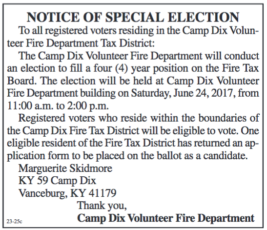 Notice of Special Election, To Fill a Position on Camp Dix Fire Tax Board