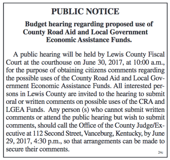 Public Notice, Budget hearing regarding proposed use of County Road Aid and Local Government Economic Assistance Funds