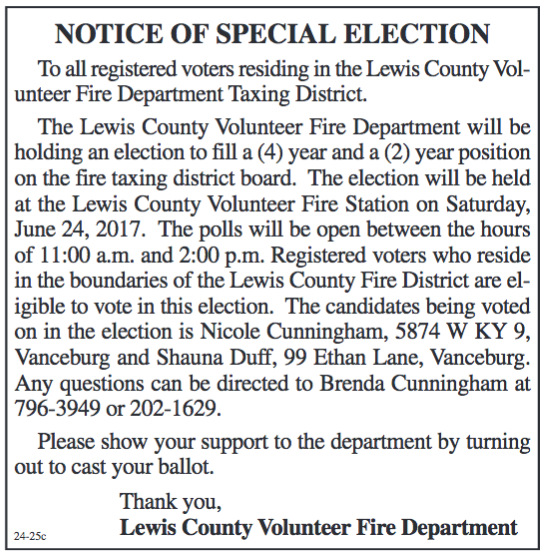 Notice of Special Election, Lewis County Volunteer Fire Department Taxing District