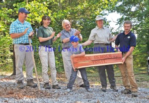 Kentucky State Nature Preserve Commission employee Joyce Bender, second from right, was honored with the naming of a hiking trail at Crooked Creek Nature Preserve in her honor. Pictured, left to right, are KSNPC Executive Director Zeb Weese, Ecologist Martina Hines, Chairman Carl Breeding, Zeb Henry Weese, Bender, and Site Manager Shaun Ziegler. - Dennis Brown Photo