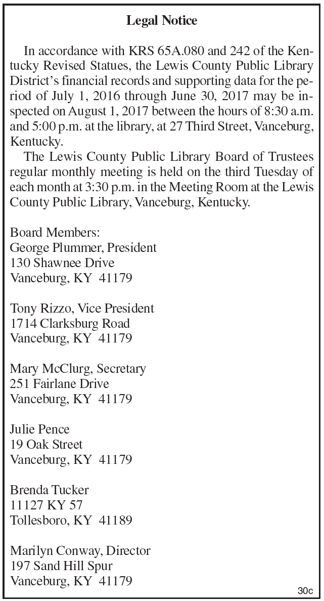 Legal Notice, Lewis County Public Library District's financial records