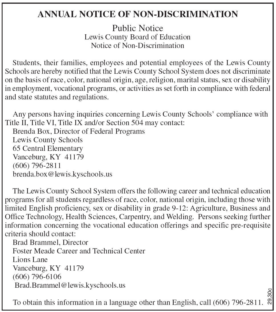 Public Notice, Lewis County Board of Education, Notice of Non-Discrimination