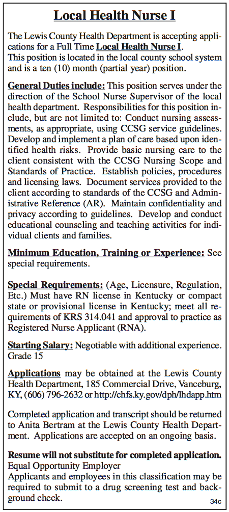 Lewis County Health Department, Local Health Nurse I, Accepting Applications