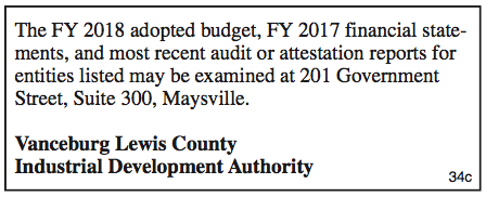Vanceburg Lewis County Industrial Development Authority, 2018 Budget, 2017 Financial Statements, Available for Examination