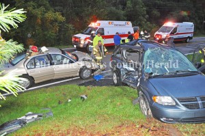 Four people were injured Friday evening when these two vehicles collided on Ky. Rt. 8 at Quincy Curve. The accident is under investigation by Deputy Bryon Walker. - Dennis Brown Photo.