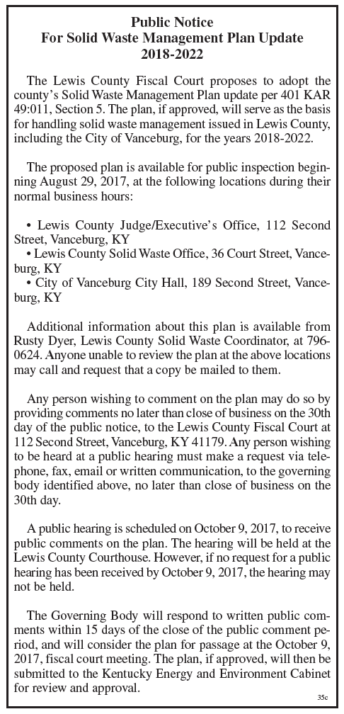 Public Notice, Solid Waste Management Plan Update, Lewis County Fiscal Court