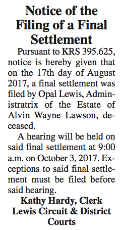 Notice of the Filing of a Final Settlement, Estate of Alvin Wayne Lawson