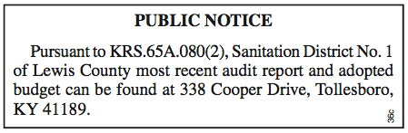 Public Notice, Sanitation District 1 of Lewis County, Audit Report Available for Inspection