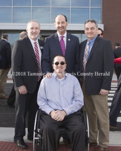 Officials on hand for the opening of MCTC's new Rowan Campus included Trace Creek Construction CEO Sam Howard (in front) and MCTC President Dr. Stephen Vacik, State Representative Rocky Adkins, and Lewis County Judge Executive Todd Ruckel (standing). - Tammie Brown Photo