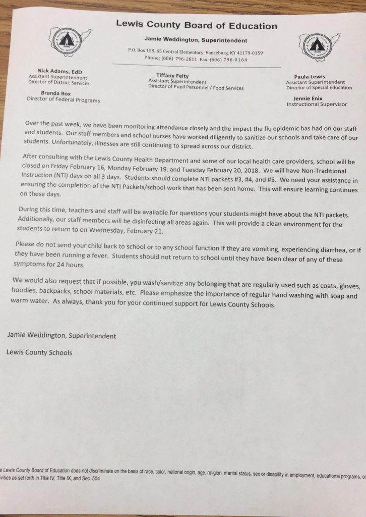 A copy of the letter from Superintendent Jamie Weddington to parents and guardians. 