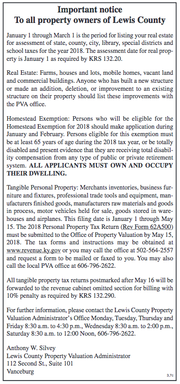 Notice to Property Owners, Lewis County PVA Anthony Silvey