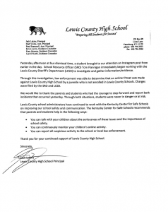 A letter from LCHS Principal Jack Lykins concerning an online threat and the resulting response. 