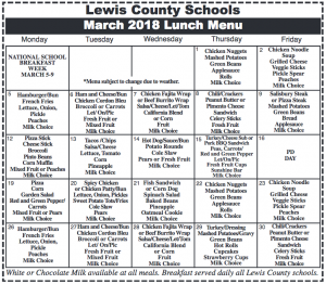Lewis County Schools, March 2018 Lunch Menu