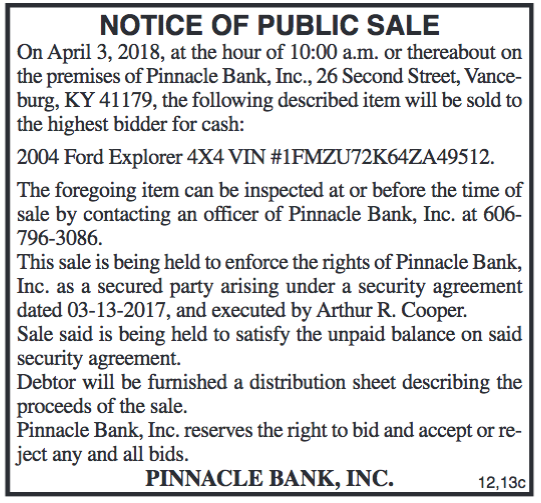 Notice of Public Sale, Pinnacle Bank Inc