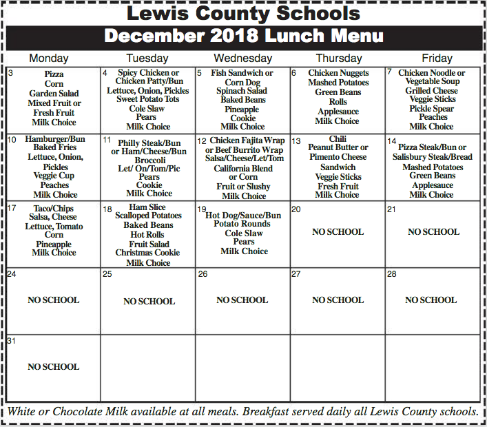 Lewis County Schools December 2018 Menu