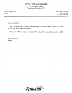 Vanceburg City Council special meeting notice