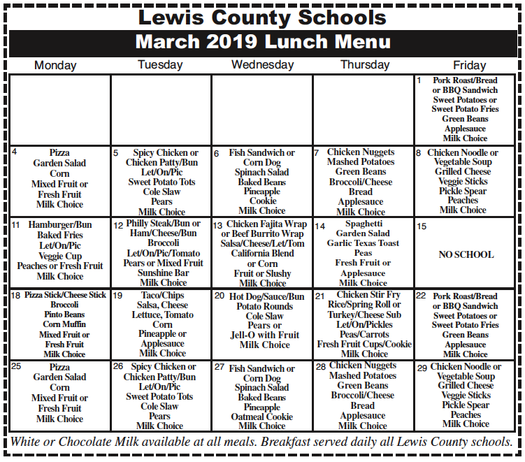 Lewis County Schools March 2019 Lunch Menu
